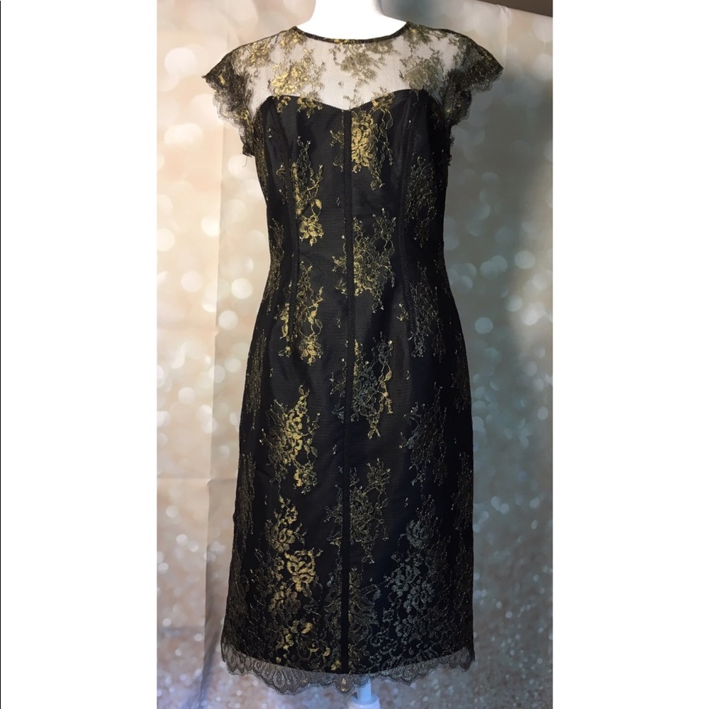 MONIQUE LHUILLIER Black and Gold Lace Dress